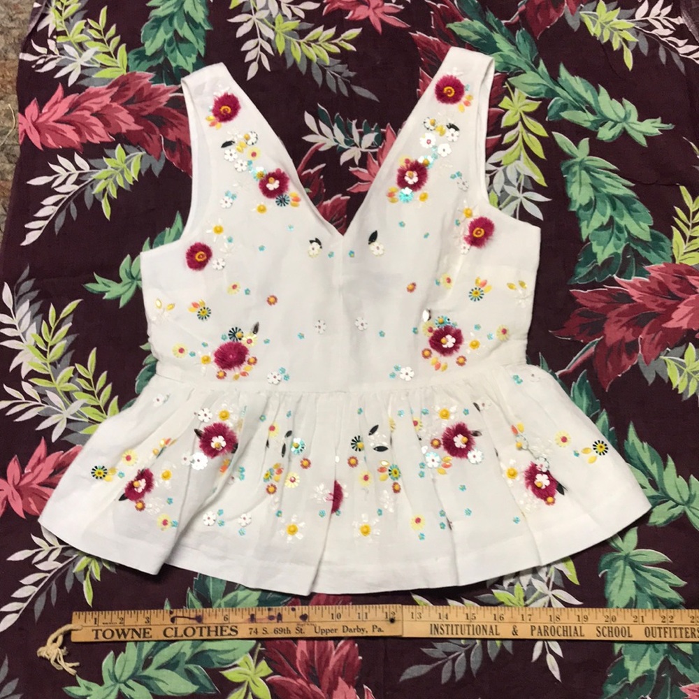 J Crew beaded and embroidered linen cotton sleeveless top